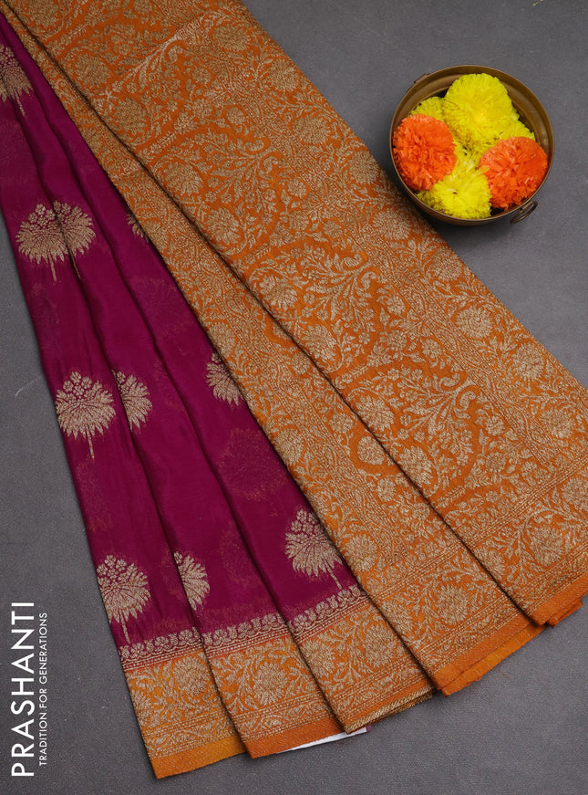 Banarasi semi crepe saree purple and mustard yellow with woven buttas and woven border