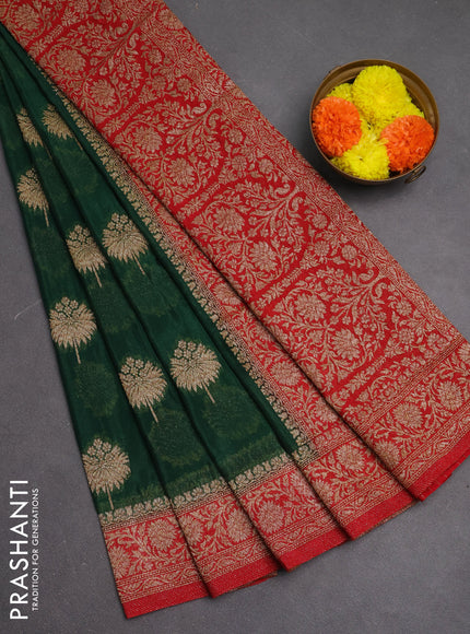 Banarasi semi crepe saree green and red with woven buttas and woven border