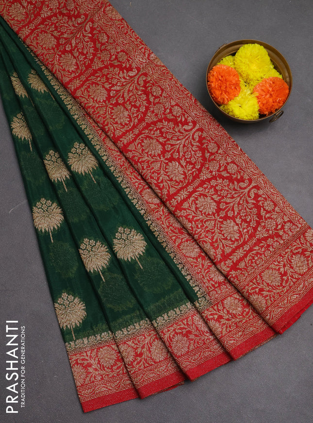 Banarasi semi crepe saree green and red with woven buttas and woven border