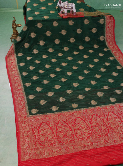 Banarasi semi crepe saree green and red with woven buttas and woven border