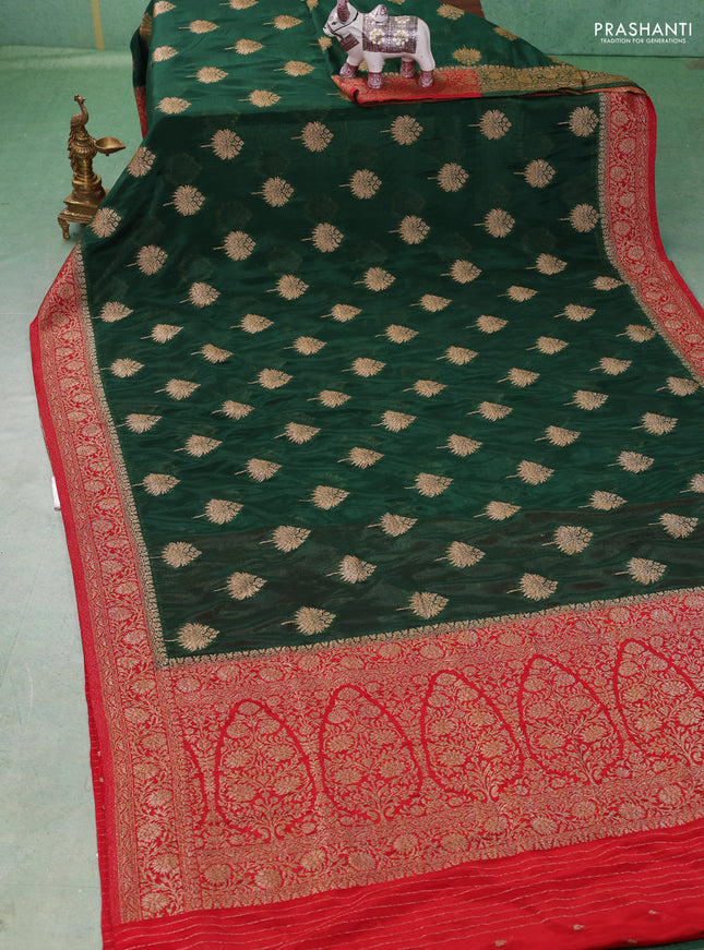 Banarasi semi crepe saree green and red with woven buttas and woven border