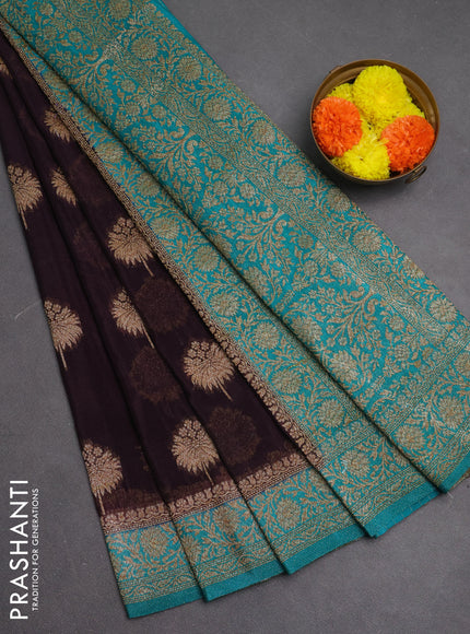 Banarasi semi crepe saree deep jamun and teal blue with woven buttas and woven border