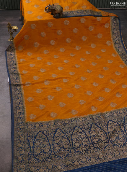 Banarasi semi crepe saree mango yellow and peacock blue with woven buttas and woven border
