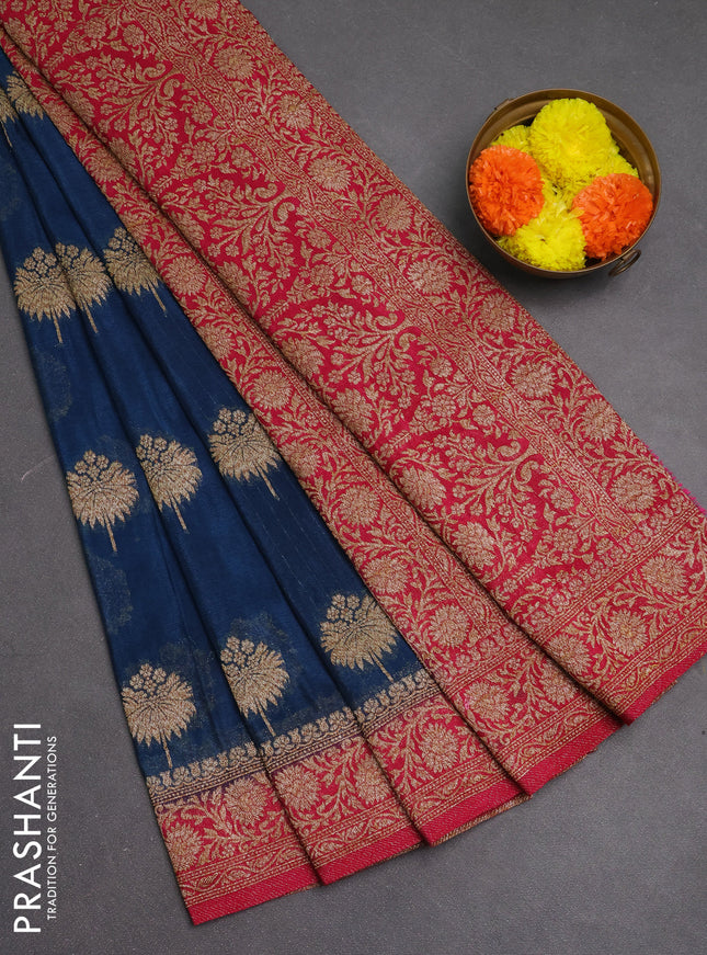Banarasi semi crepe saree peacock blue and pink with woven buttas and woven border