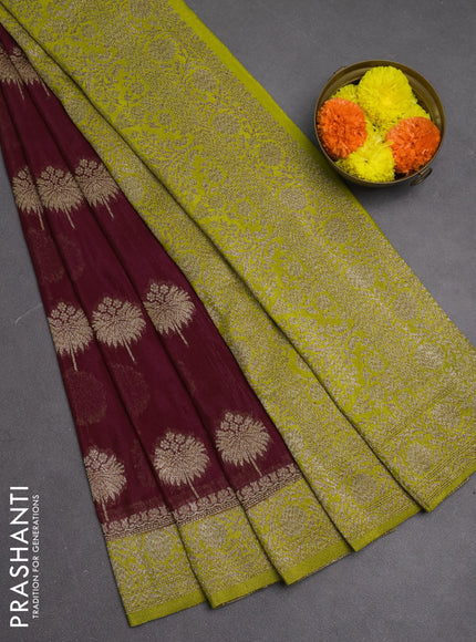 Banarasi semi crepe saree dark magenta pink and lime green with woven buttas and woven border