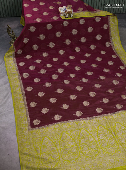 Banarasi semi crepe saree dark magenta pink and lime green with woven buttas and woven border