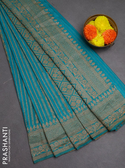 Banarasi semi crepe saree teal blue with allover thread & zari weaves and woven border