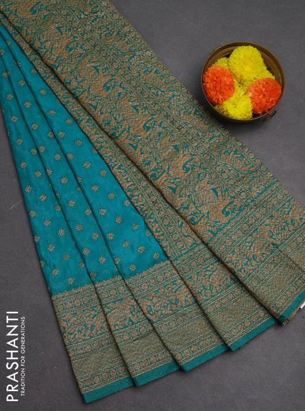 Banarasi semi crepe saree teal blue with woven buttas and woven border