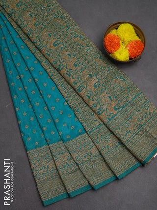 Banarasi semi crepe saree teal blue with woven buttas and woven border