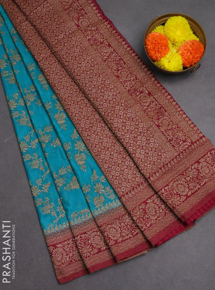 Banarasi semi crepe saree teal blue and dark pink with allover thread & zari weaves and woven border