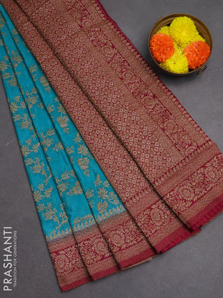 Banarasi semi crepe saree teal blue and dark pink with allover thread & zari weaves and woven border