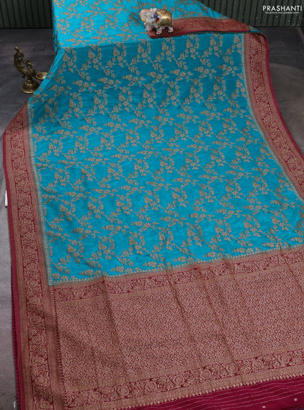 Banarasi semi crepe saree teal blue and dark pink with allover thread & zari weaves and woven border