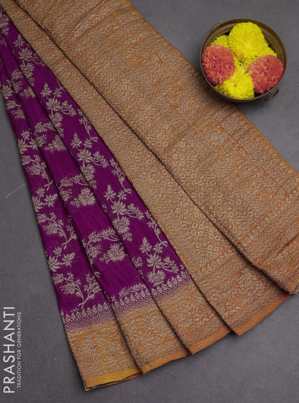Banarasi semi crepe saree purple and mustard yellow with allover thread & zari weaves and woven border
