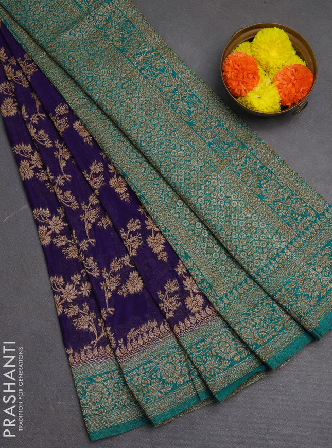 Banarasi semi crepe saree violet and teal blue with allover thread & zari weaves and woven border