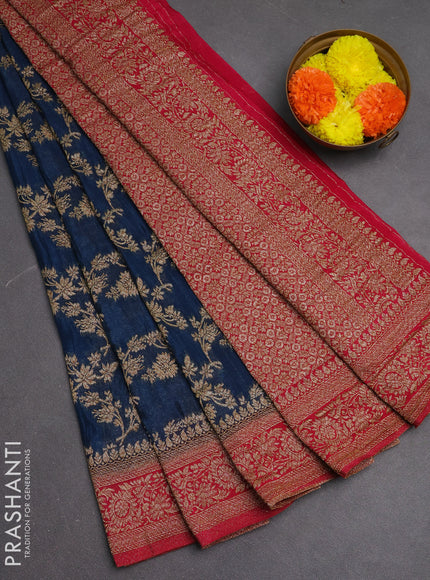 Banarasi semi crepe saree peacock blue and dark pink with allover thread & zari weaves and woven border