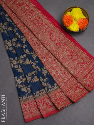 Banarasi semi crepe saree peacock blue and dark pink with allover thread & zari weaves and woven border