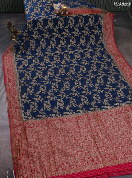 Banarasi semi crepe saree peacock blue and dark pink with allover thread & zari weaves and woven border