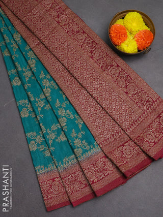 Banarasi semi crepe saree teal green and dark pink with allover thread & zari weaves and woven border