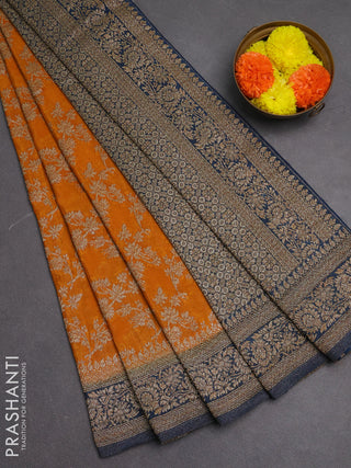 Banarasi semi crepe saree mustard yellow and peacock blue with allover thread & zari weaves and woven border