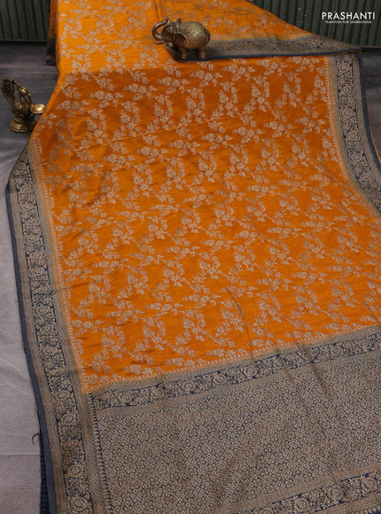 Banarasi semi crepe saree mustard yellow and peacock blue with allover thread & zari weaves and woven border