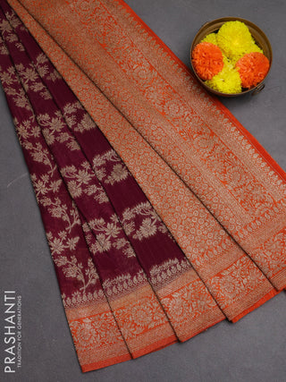 Banarasi semi crepe saree deep wine and orange with allover thread & zari weaves and woven border