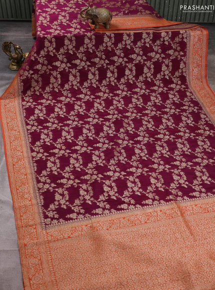 Banarasi semi crepe saree deep wine and orange with allover thread & zari weaves and woven border