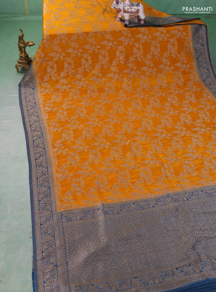 Banarasi semi crepe saree mango yellow and cs blue with allover thread & zari weaves and woven border