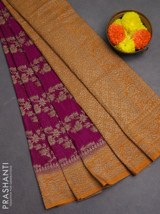 Banarasi semi crepe saree purple and mustard yellow with allover thread & zari weaves and woven border