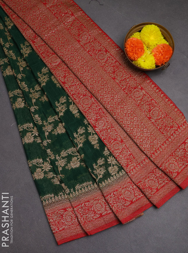 Banarasi semi crepe saree green and red with allover thread & zari weaves and woven border