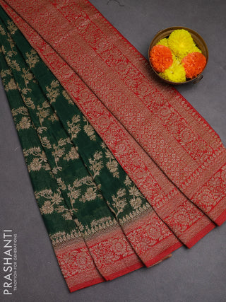Banarasi semi crepe saree green and red with allover thread & zari weaves and woven border