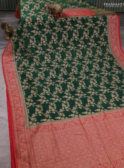 Banarasi semi crepe saree green and red with allover thread & zari weaves and woven border