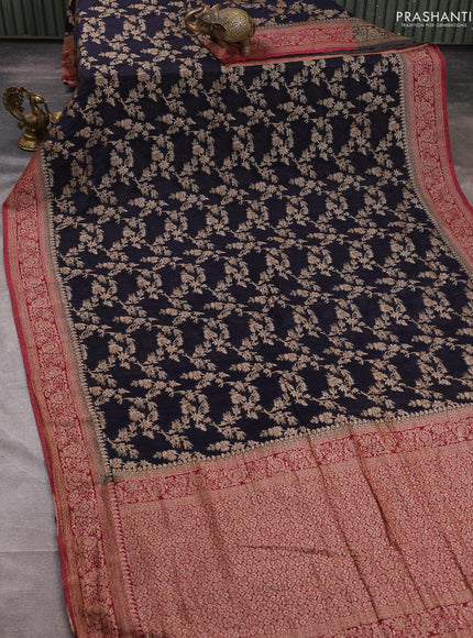 Banarasi semi crepe saree navy blue and magenta pink with allover thread & zari weaves and woven border