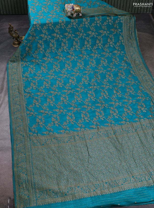 Banarasi semi crepe saree teal blue with allover thread & zari weaves and woven border