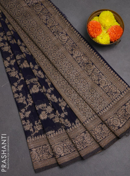 Banarasi semi crepe saree navy blue with allover thread & zari weaves and woven border