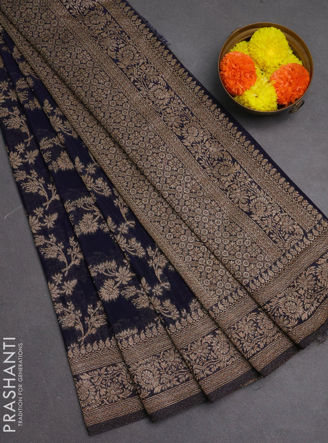 Banarasi semi crepe saree navy blue with allover thread & zari weaves and woven border