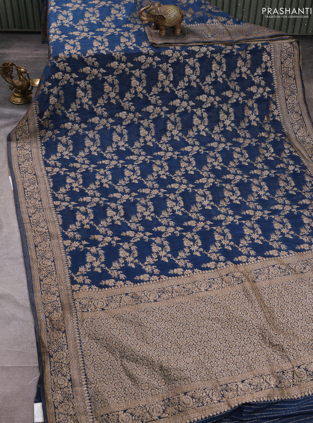 Banarasi semi crepe saree peacock blue with allover thread & zari weaves and woven border