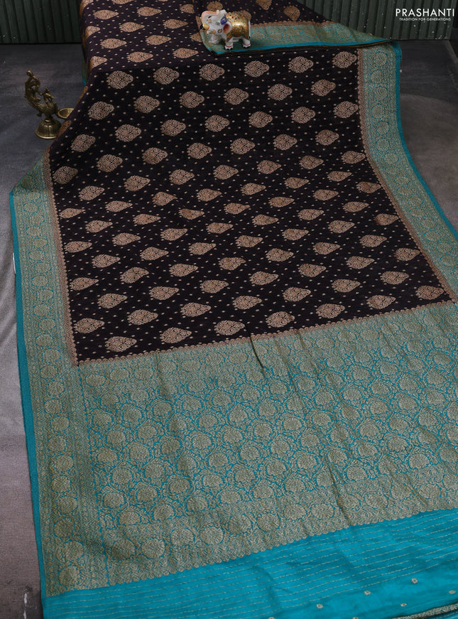 Banarasi semi crepe saree deep jamun and teal blue with woven buttas and woven border