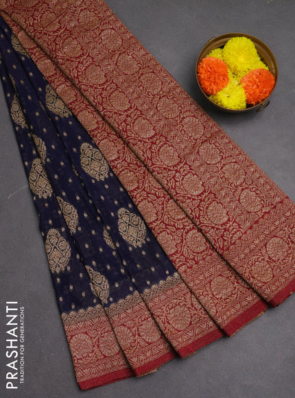 Banarasi semi crepe saree navy blue and maroon with woven buttas and woven border