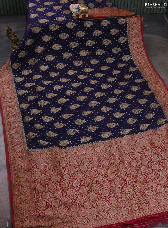 Banarasi semi crepe saree navy blue and maroon with woven buttas and woven border