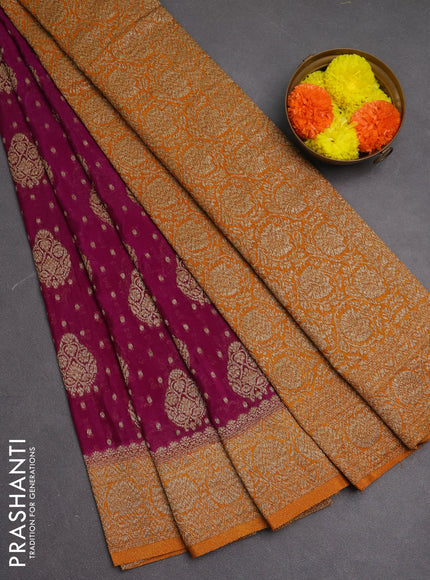 Banarasi semi crepe saree purple and mustard yellow with woven buttas and woven border
