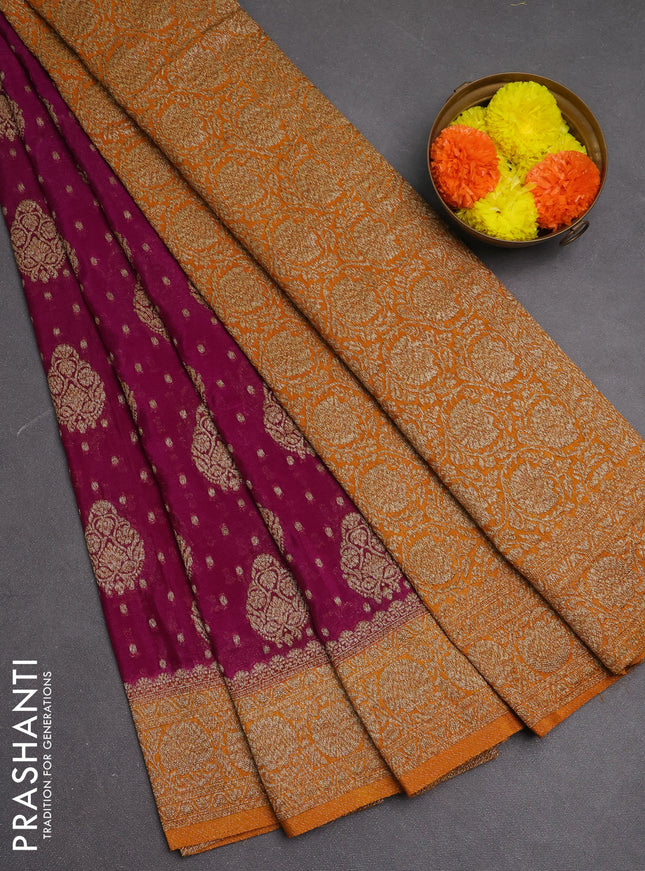 Banarasi semi crepe saree purple and mustard yellow with woven buttas and woven border