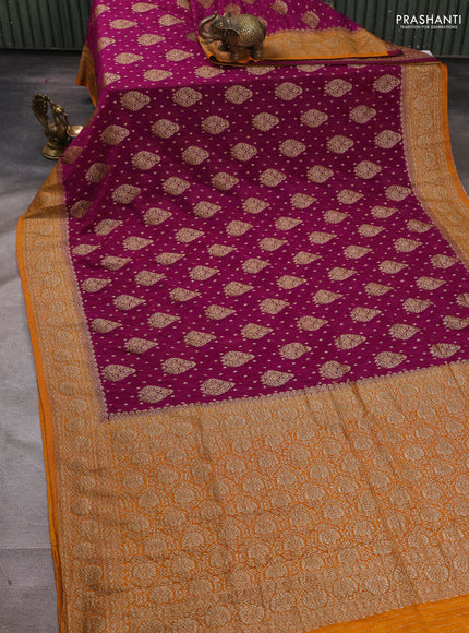 Banarasi semi crepe saree purple and mustard yellow with woven buttas and woven border