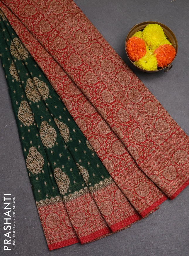 Banarasi semi crepe saree green and red with woven buttas and woven border