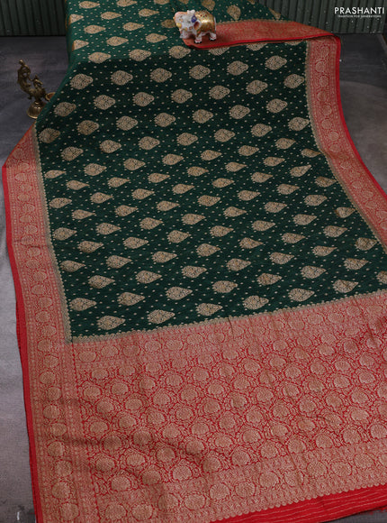 Banarasi semi crepe saree green and red with woven buttas and woven border