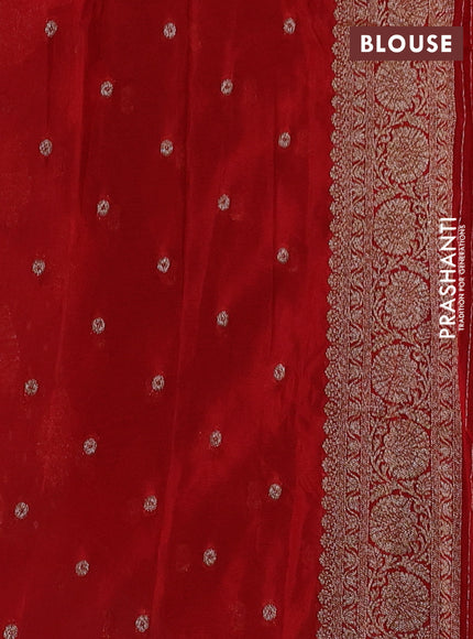 Banarasi semi crepe saree green and red with woven buttas and woven border
