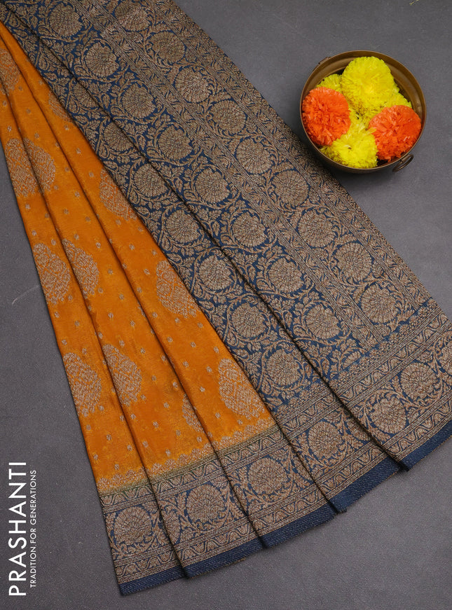 Banarasi semi crepe saree mustard yellow and peacock blue with woven buttas and woven border