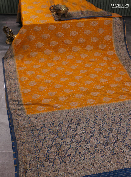 Banarasi semi crepe saree mustard yellow and peacock blue with woven buttas and woven border
