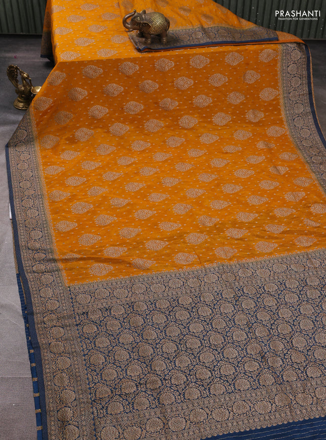 Banarasi semi crepe saree mustard yellow and peacock blue with woven buttas and woven border