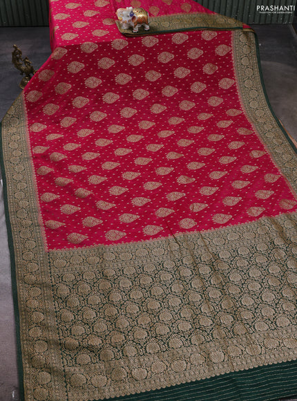Banarasi semi crepe saree pink and dark green with woven buttas and woven border