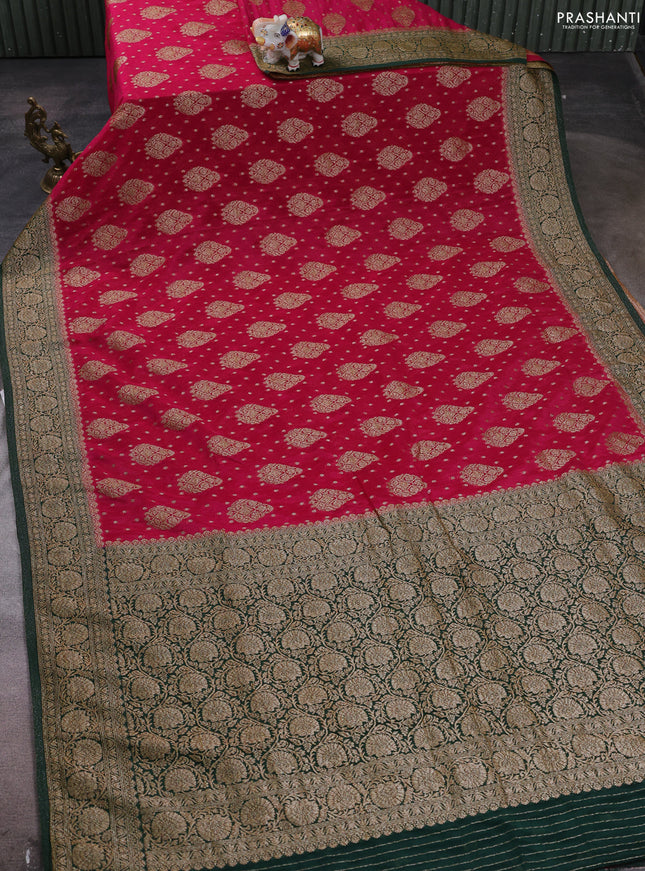 Banarasi semi crepe saree pink and dark green with woven buttas and woven border